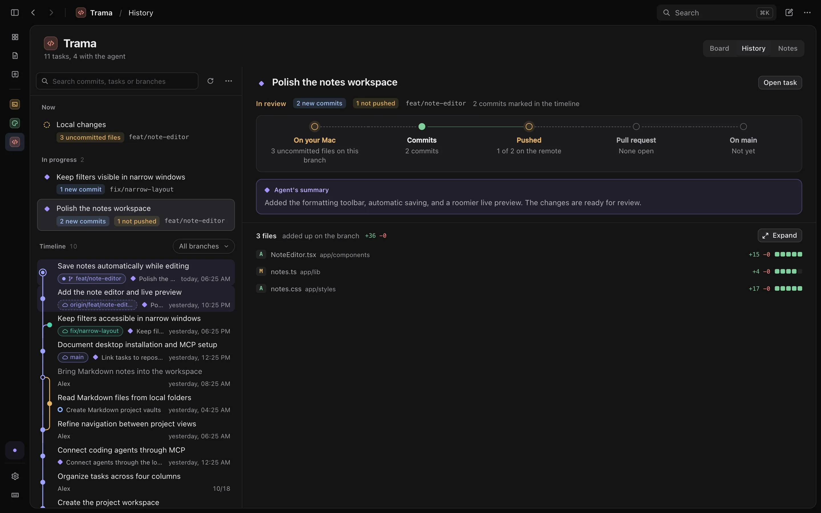 Trama's Git history with a task in review, its way to main and the changed files