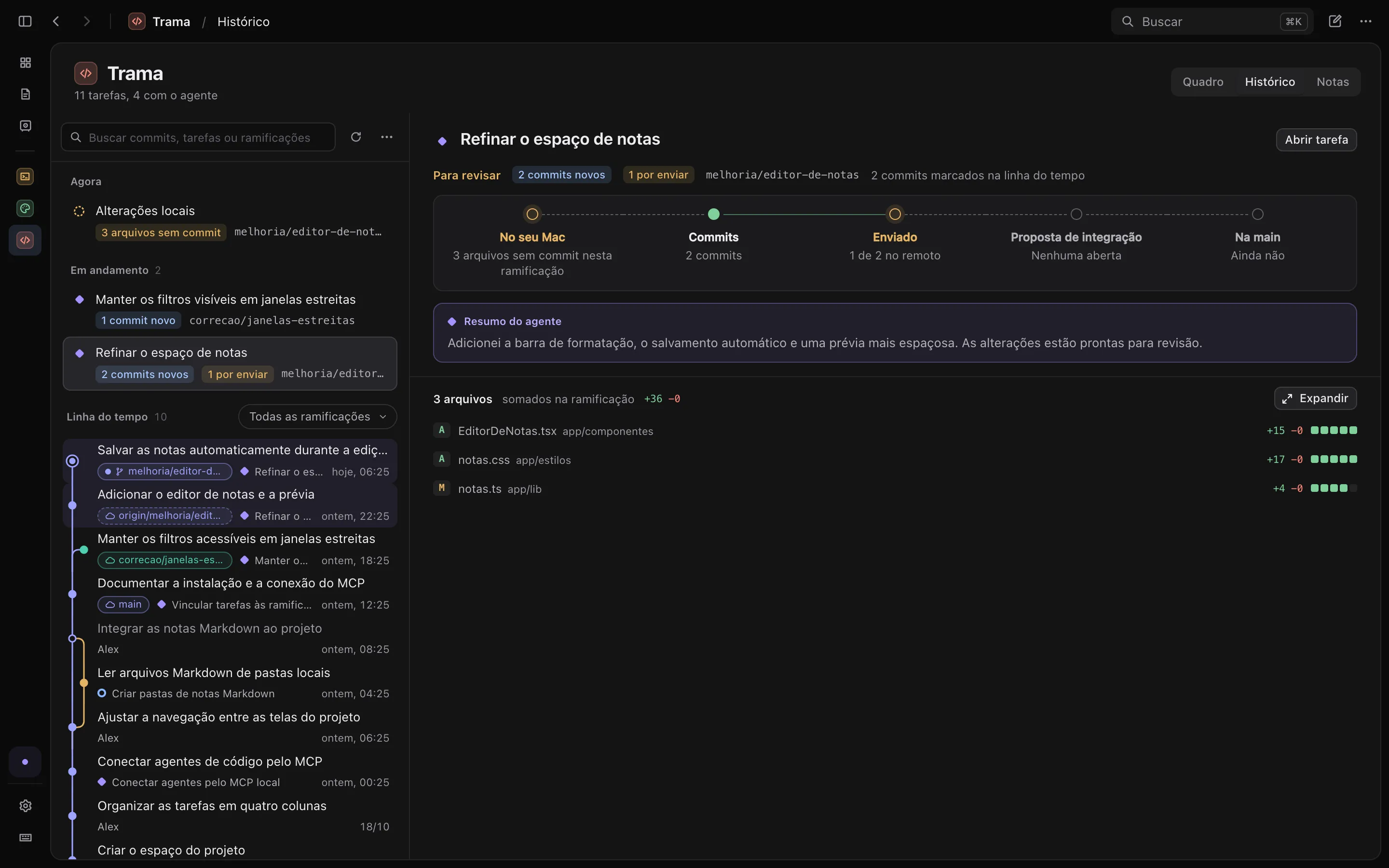 Histórico Git do Trama com uma tarefa em revisão, o caminho até a main e os arquivos alterados