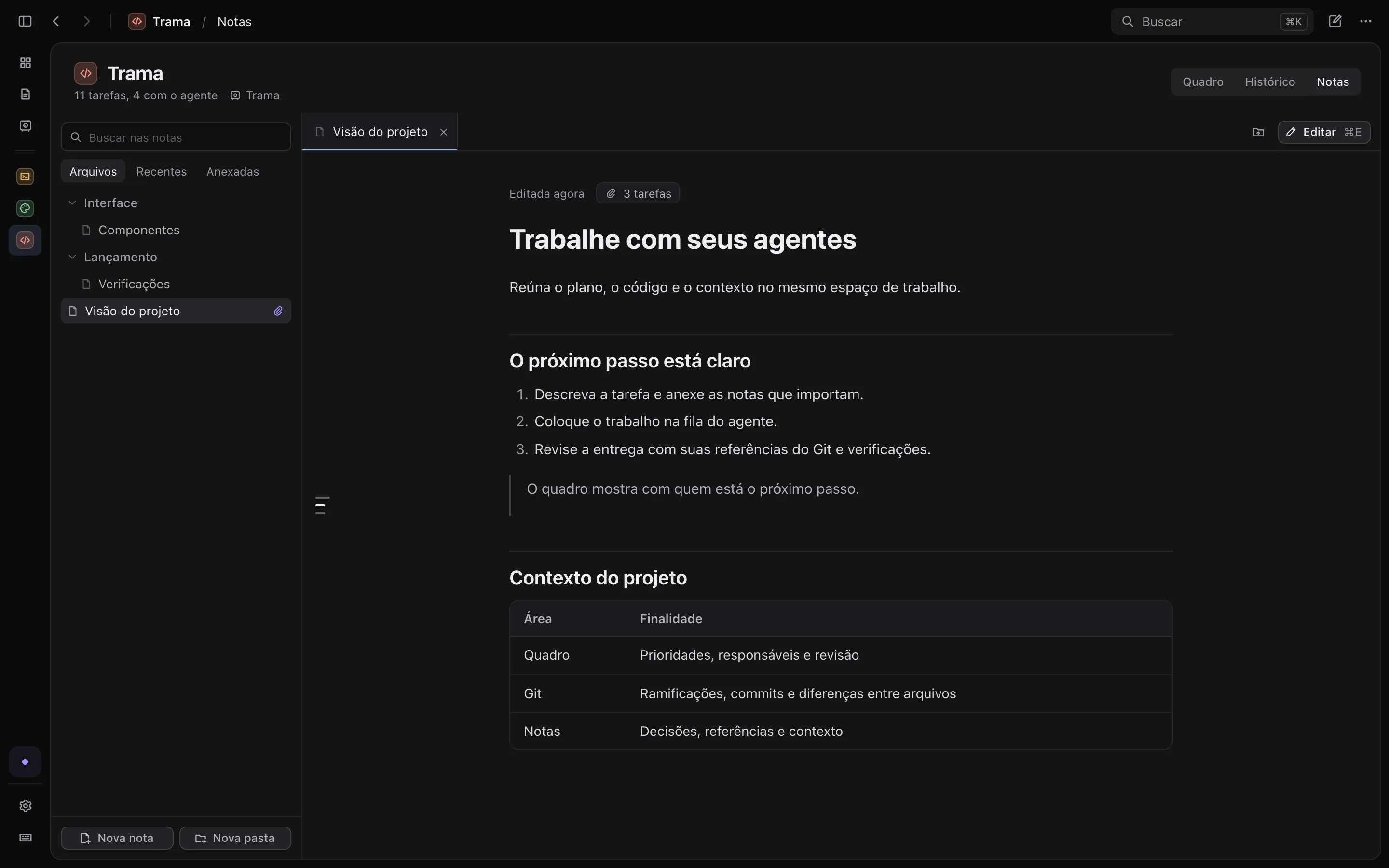 Notas do Trama com a árvore de arquivos, uma nota anexada a três tarefas e a prévia em Markdown