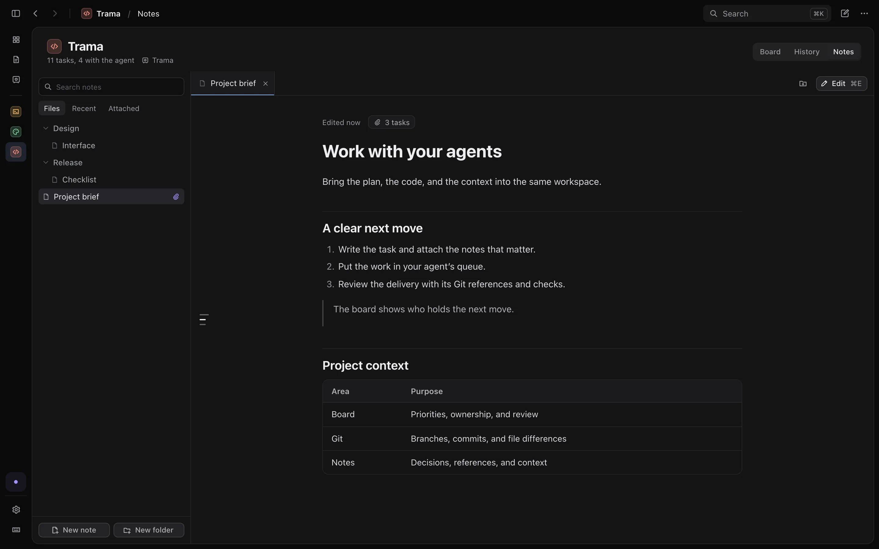 Trama's notes with the file tree, a note attached to three tasks and the Markdown preview